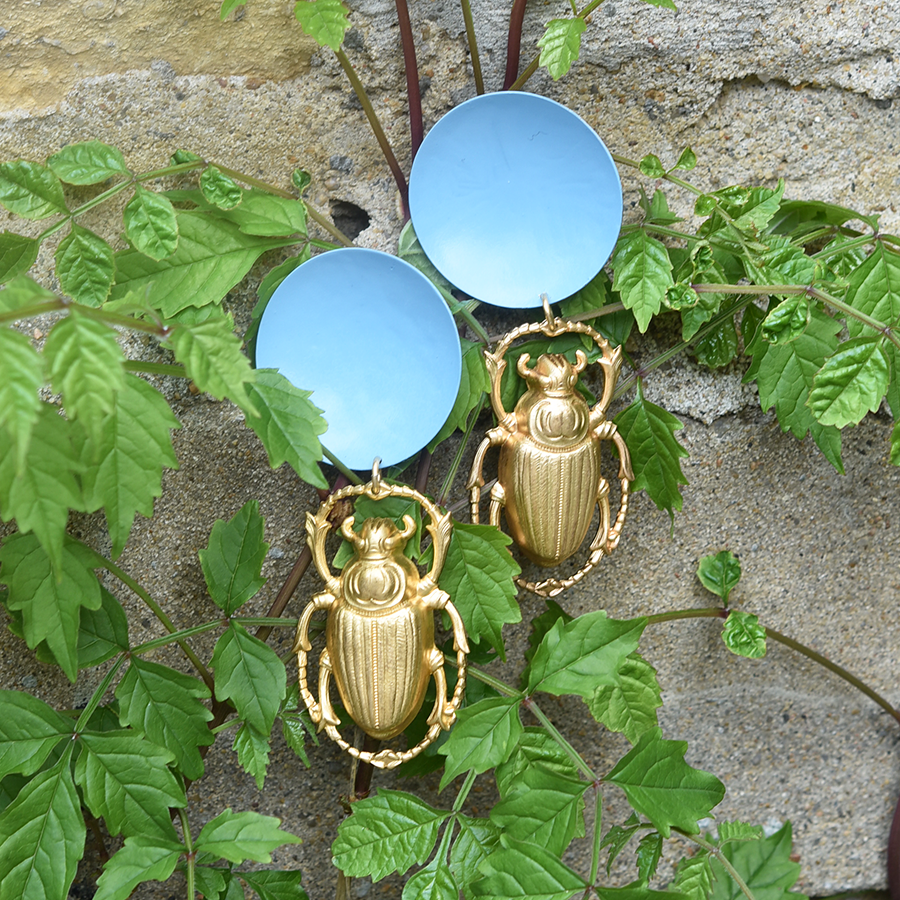 Cadet Blue Scarab Beetle Earrings - Goldmakers Fine Jewelry