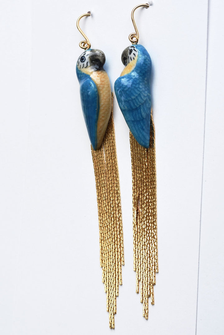 Blue and Yellow Macaw Golden Rain Drop Earrings - Goldmakers Fine Jewelry