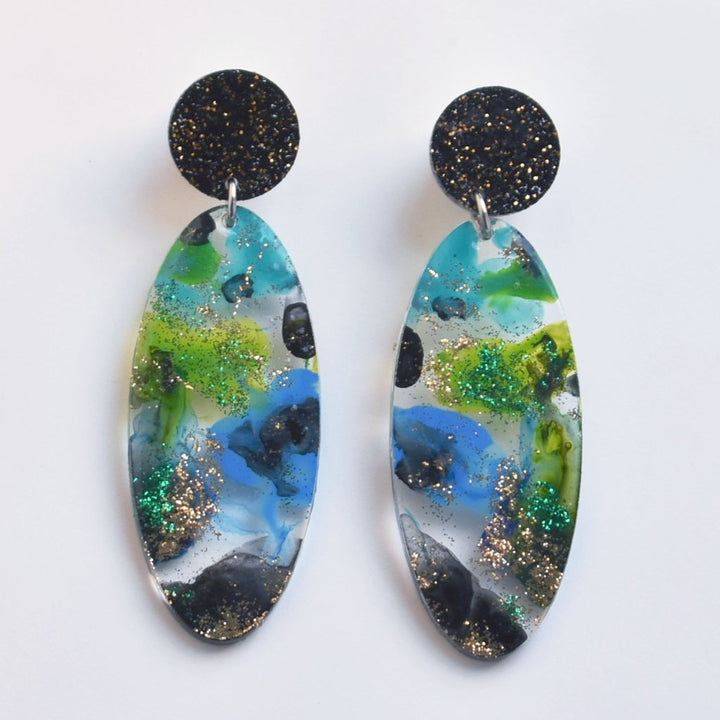 Disco Drop Post Earrings in Blue and Lime - Goldmakers Fine Jewelry