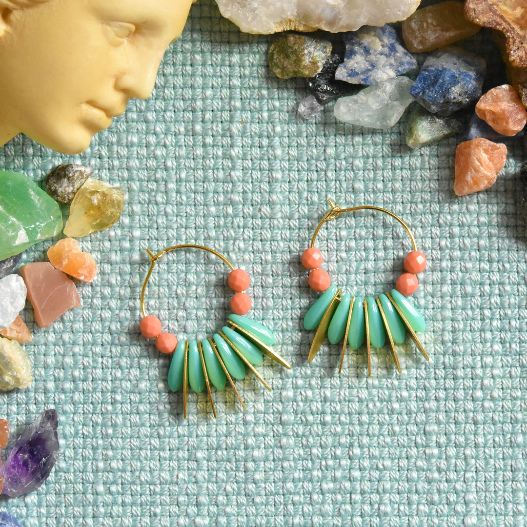 Turquoise and Coral Czech Glass Mini Hoop - Goldmakers Fine Jewelry