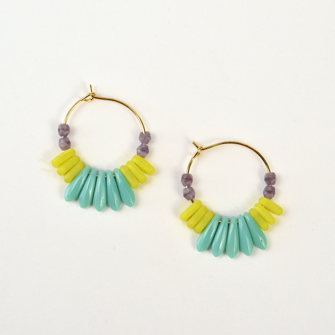 Turquoise and Lime Czech Glass Mini Hoop - Goldmakers Fine Jewelry