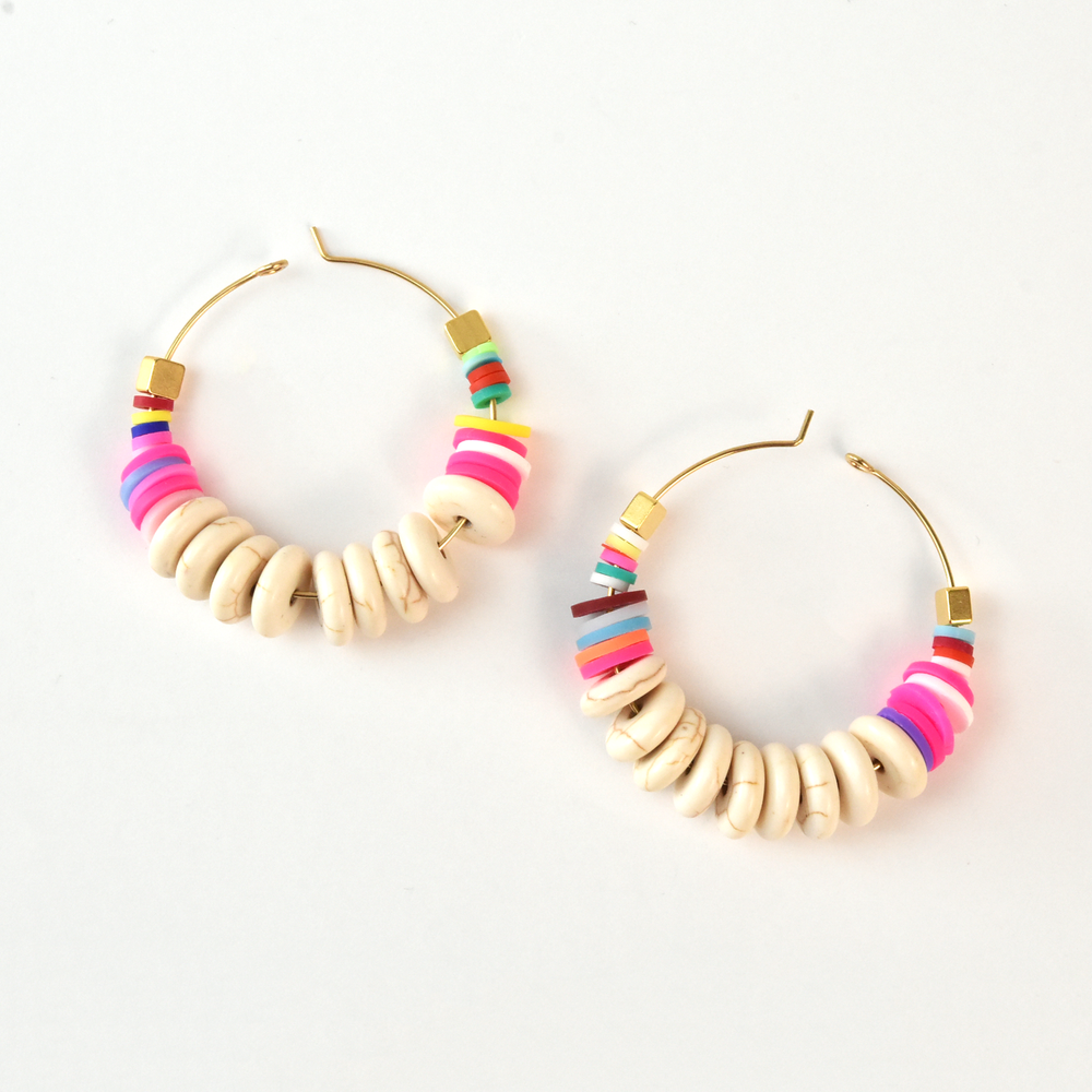 White Magnesite and Rainbow Hoop Earrings - Goldmakers Fine Jewelry