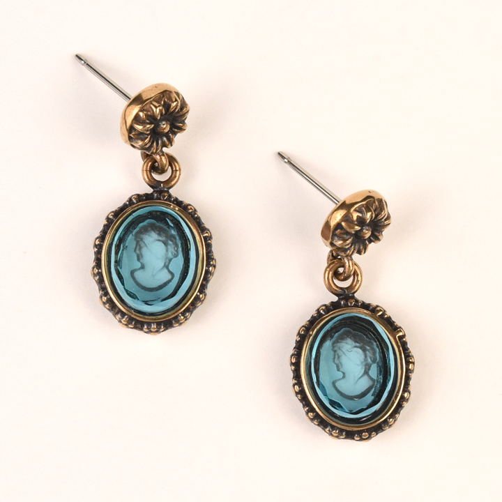 Aqua Glass Intaglio Earring - Goldmakers Fine Jewelry