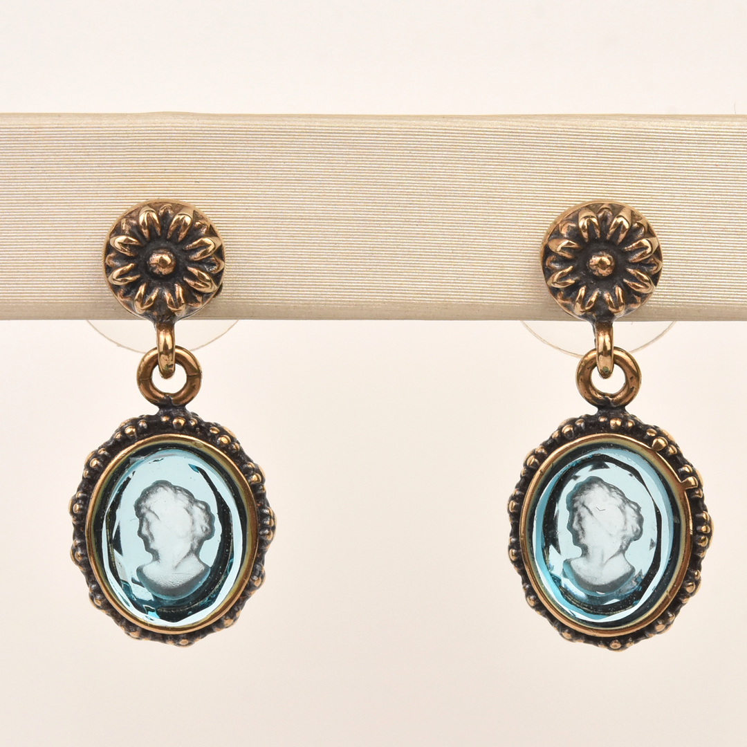 Aqua Glass Intaglio Earring - Goldmakers Fine Jewelry
