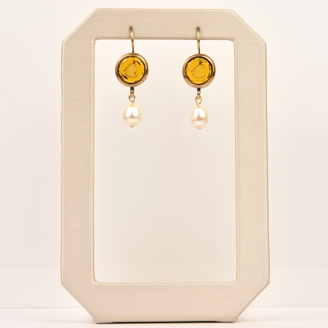 Citrine Glass Intaglio with Pearl Drops - Goldmakers Fine Jewelry