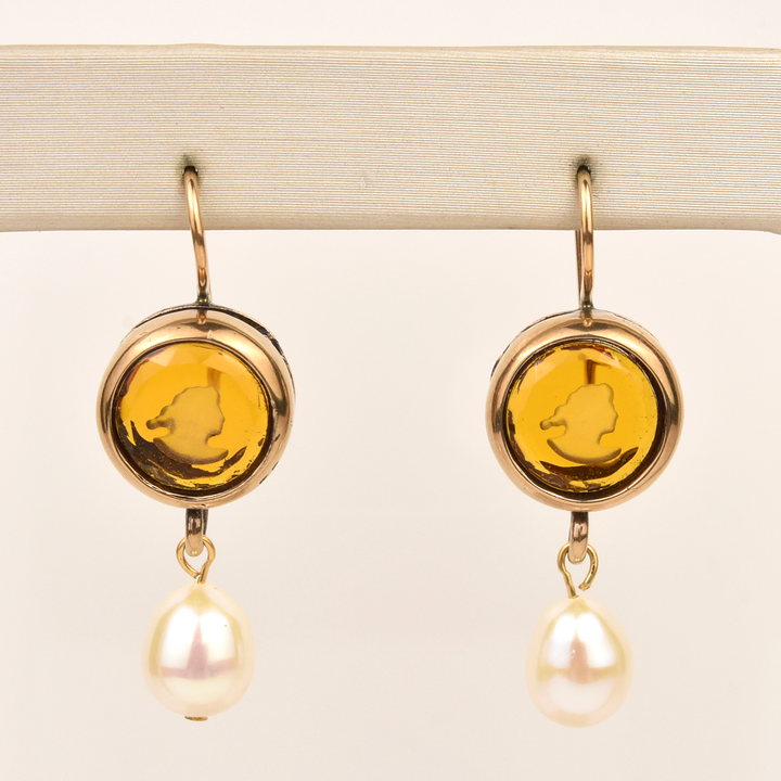 Citrine Glass Intaglio with Pearl Drops - Goldmakers Fine Jewelry
