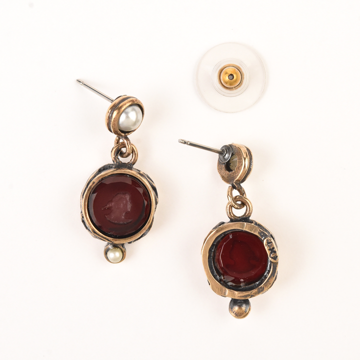 Ruby Glass Intaglio Earrings with Pearls - Goldmakers Fine Jewelry