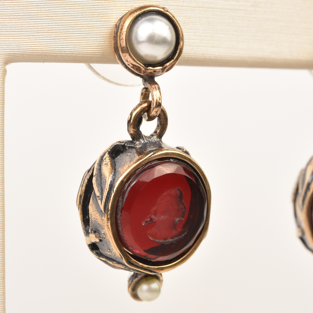 Ruby Glass Intaglio Earrings with Pearls - Goldmakers Fine Jewelry
