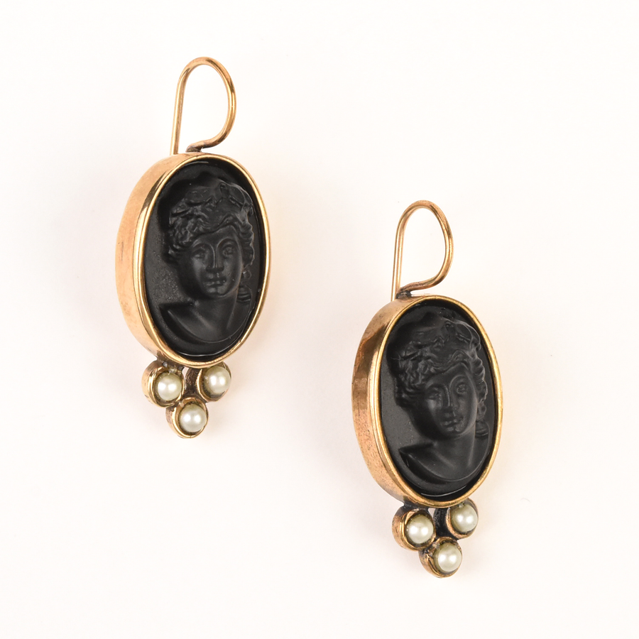 Medium Jet Glass Cameo Earrings - Goldmakers Fine Jewelry