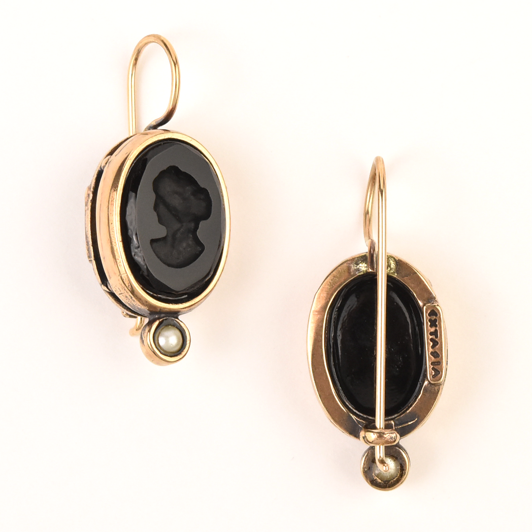Small Jet Glass Intaglio Earrings - Goldmakers Fine Jewelry