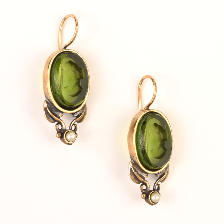 Olive Glass Intaglio Earrings with Pearls - Goldmakers Fine Jewelry