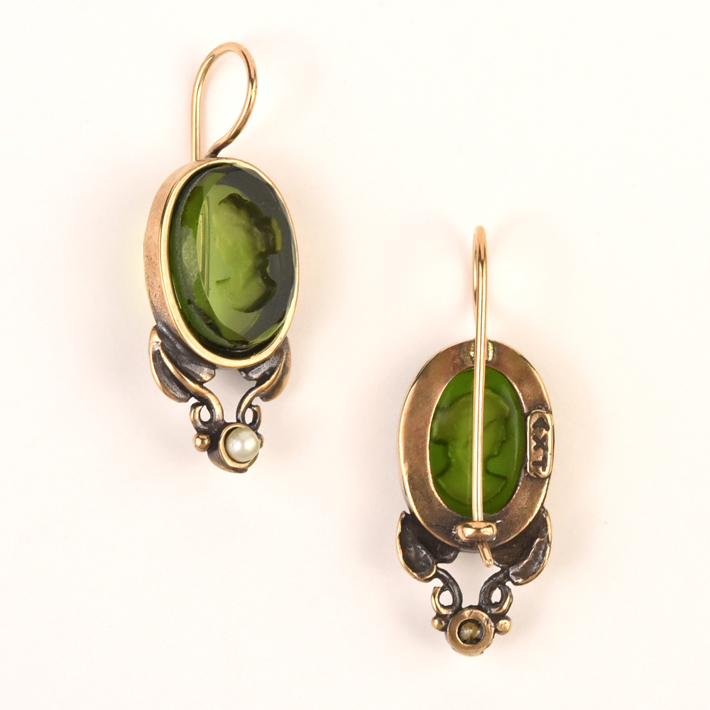 Olive Glass Intaglio Earrings with Pearls - Goldmakers Fine Jewelry