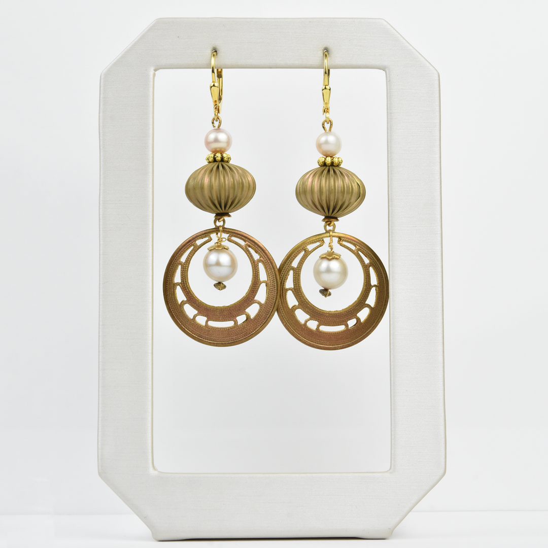 Brass and Pearl Statement Earrings - Goldmakers Fine Jewelry