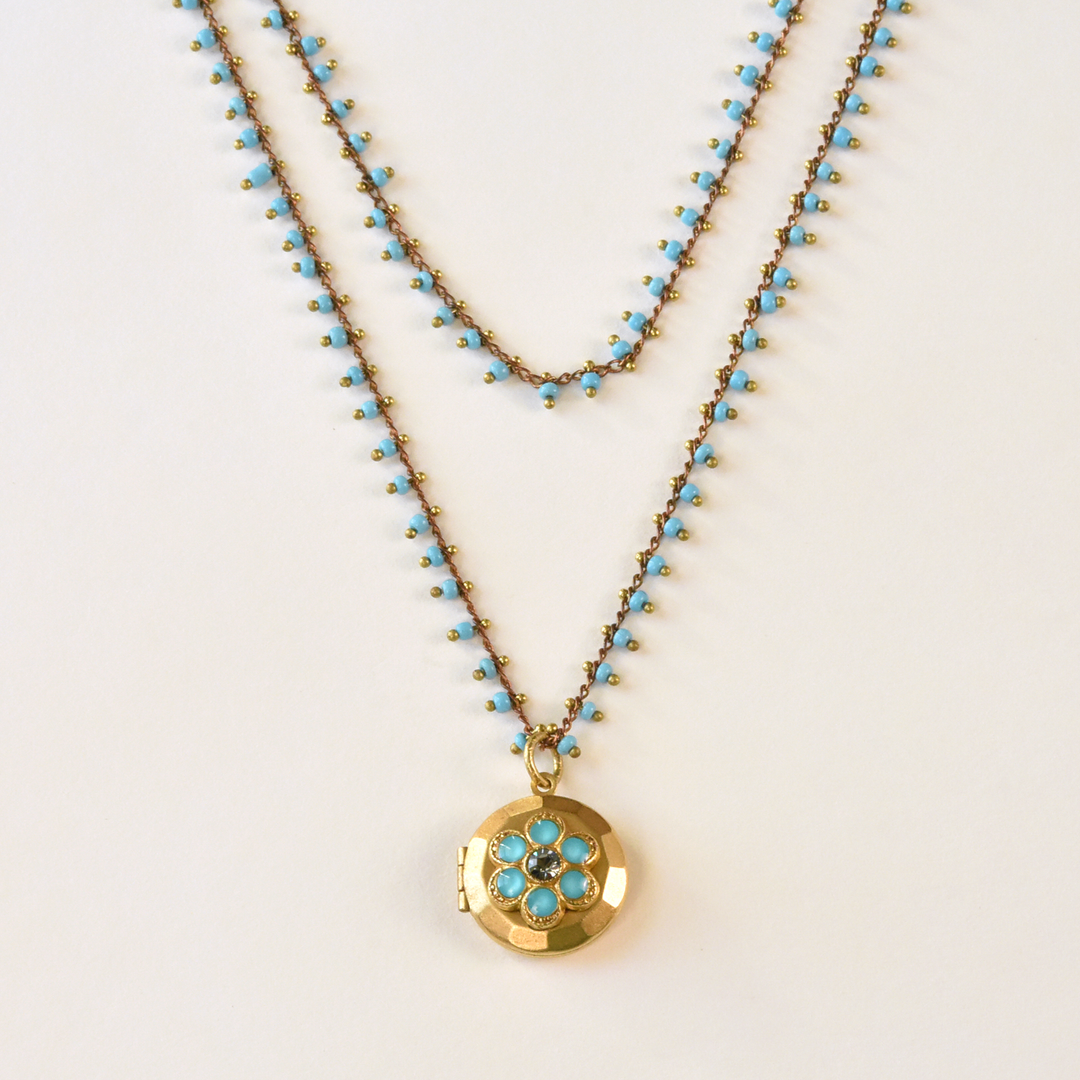 Blue Beaded Flower Locket Necklace - Goldmakers Fine Jewelry