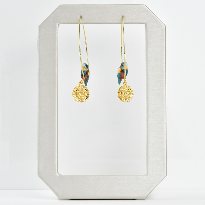 Bluebird and Golden Sunflower Hoops - Goldmakers Fine Jewelry