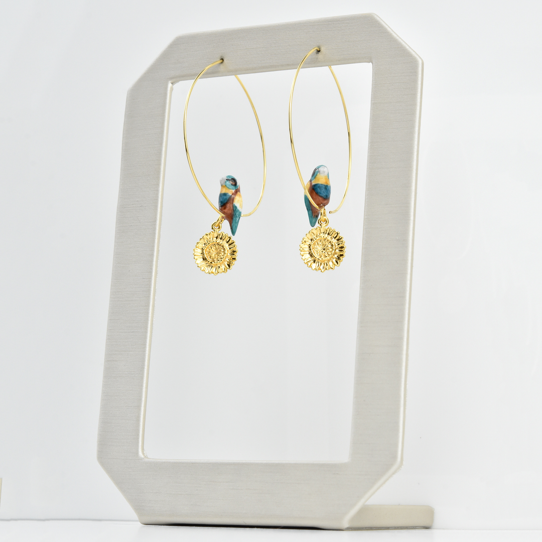 Bluebird and Golden Sunflower Hoops - Goldmakers Fine Jewelry