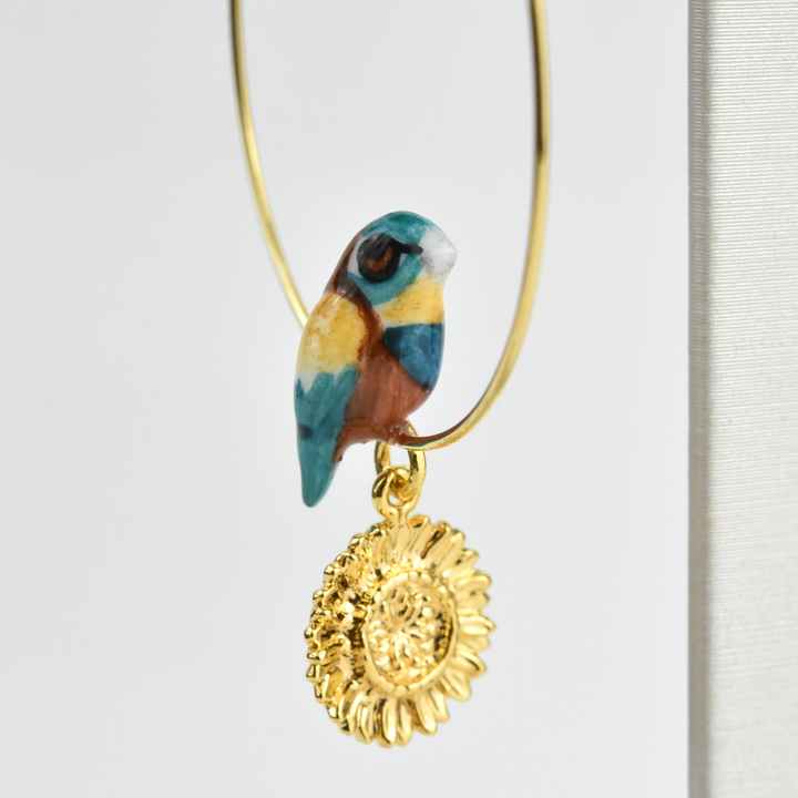 Bluebird and Golden Sunflower Hoops - Goldmakers Fine Jewelry