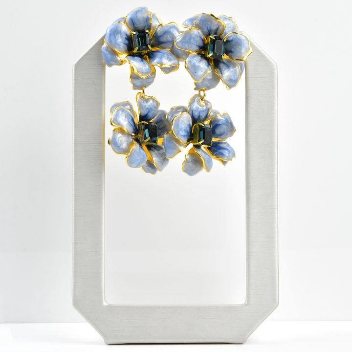 Double Drop Floral Earring in Blue Pearl - Goldmakers Fine Jewelry