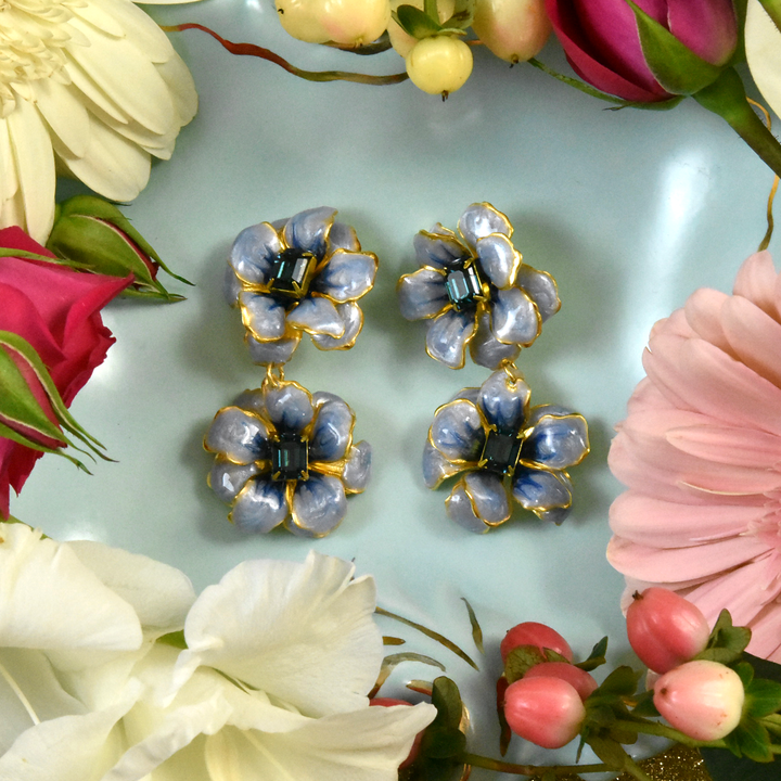 Double Drop Floral Earring in Blue Pearl - Goldmakers Fine Jewelry