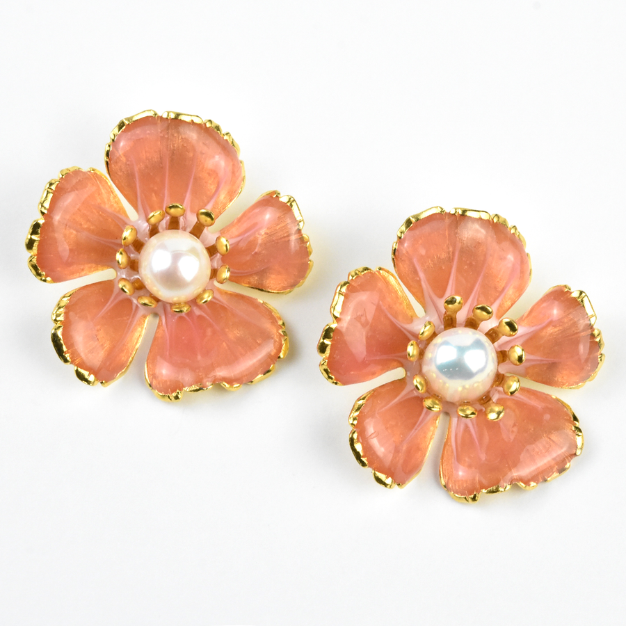 Hand Painted Floral Earring in Pink Coral - Goldmakers Fine Jewelry