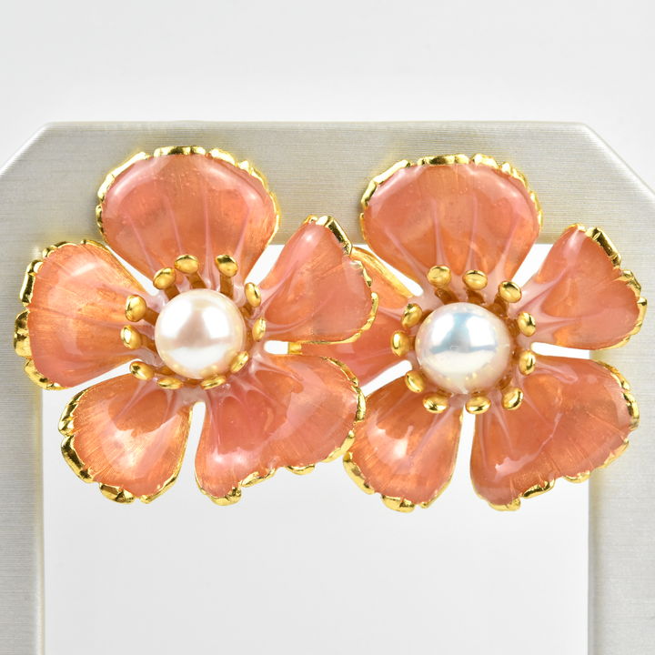 Hand Painted Floral Earring in Pink Coral - Goldmakers Fine Jewelry