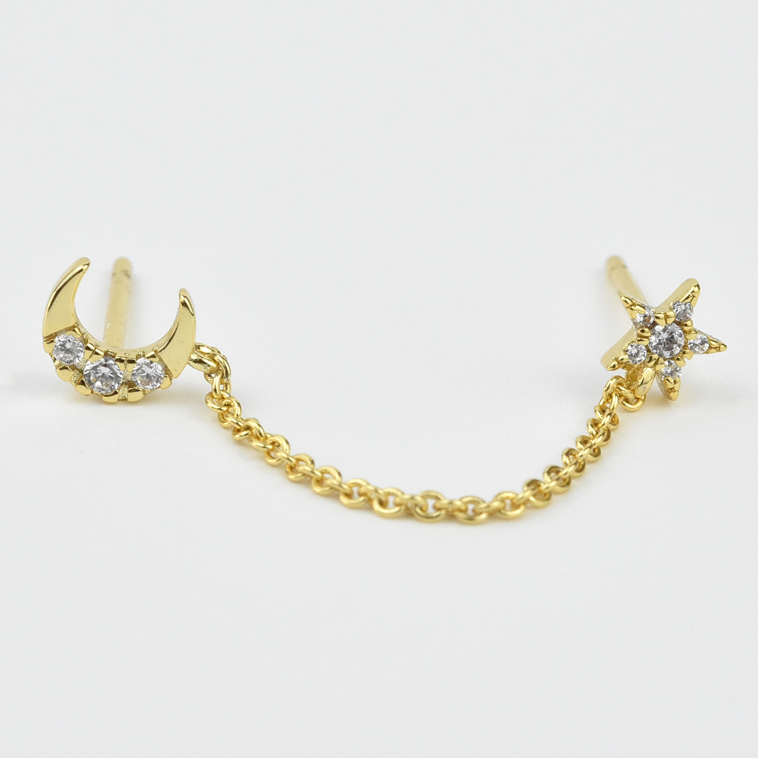 Double Pierced Moon, Stars & Chain Earring - Goldmakers Fine Jewelry