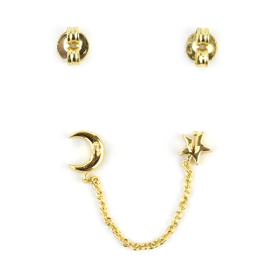Double Pierced Moon, Stars & Chain Earring - Goldmakers Fine Jewelry
