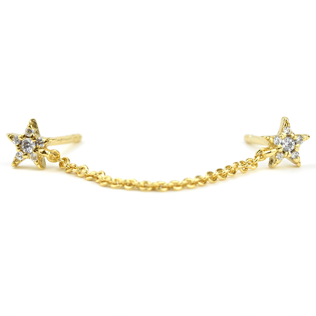Double Pierced Stars & Chain Earring - Goldmakers Fine Jewelry