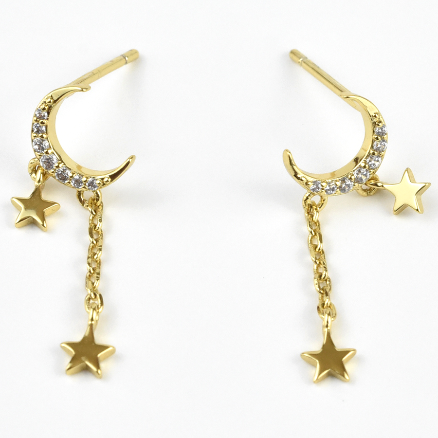 Moon Studs w/ Dangly Chain - Goldmakers Fine Jewelry
