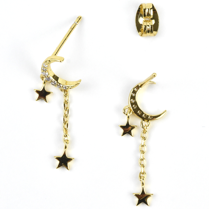 Moon Studs w/ Dangly Chain - Goldmakers Fine Jewelry