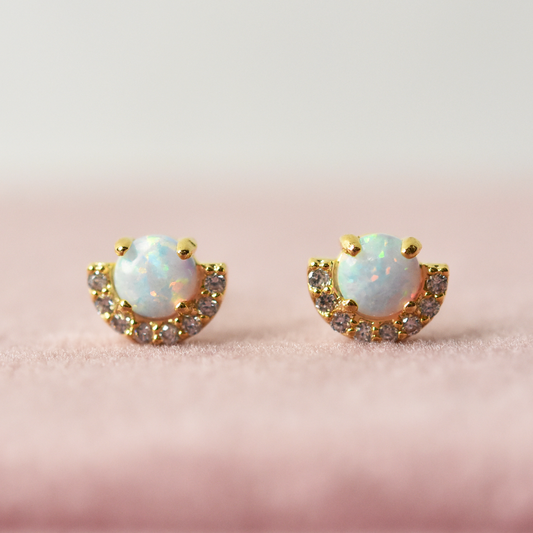 Petite Opal Halo Studs - Goldmakers Fine Jewelry