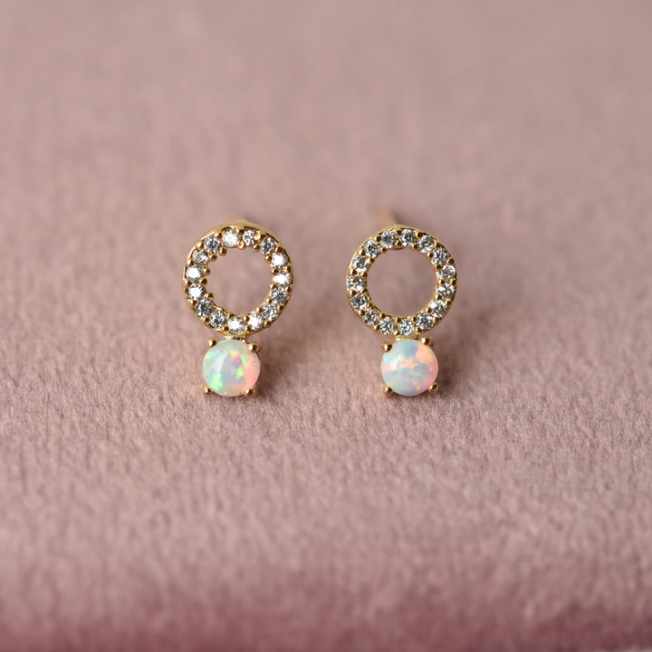 Petite CZ Circle and Opal Studs - Goldmakers Fine Jewelry