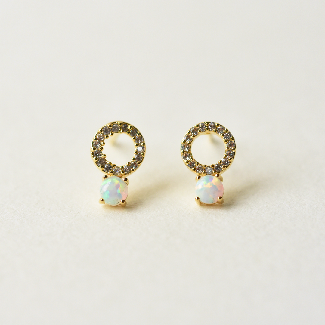 Petite CZ Circle and Opal Studs - Goldmakers Fine Jewelry