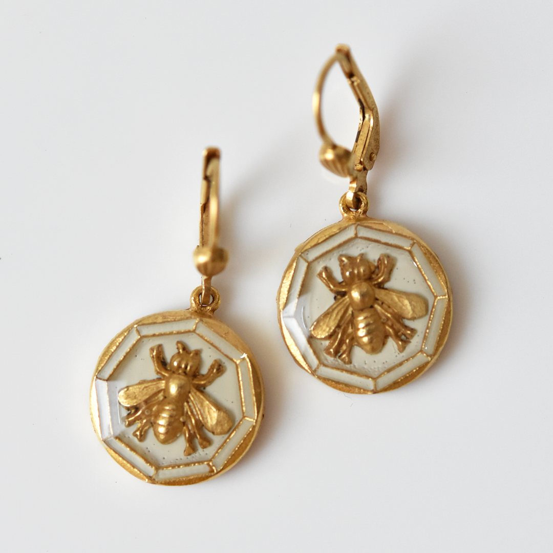 Enamel Bee Earrings in White - Goldmakers Fine Jewelry