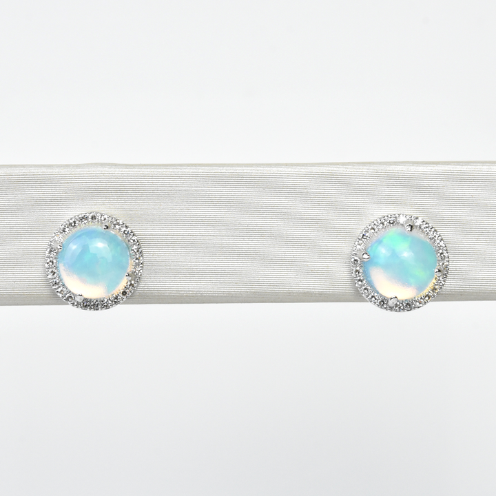 Opal and Diamond Halo Studs in White Gold - Goldmakers Fine Jewelry