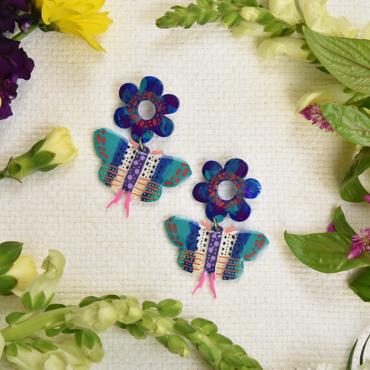 Blue Butterfly and Flower Resin Earrings - Goldmakers Fine Jewelry