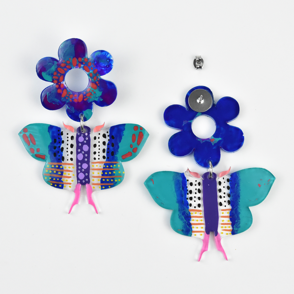 Blue Butterfly and Flower Resin Earrings - Goldmakers Fine Jewelry