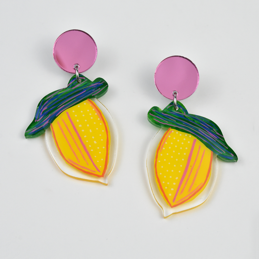 Hand Painted Lemon Fruit Earrings - Goldmakers Fine Jewelry