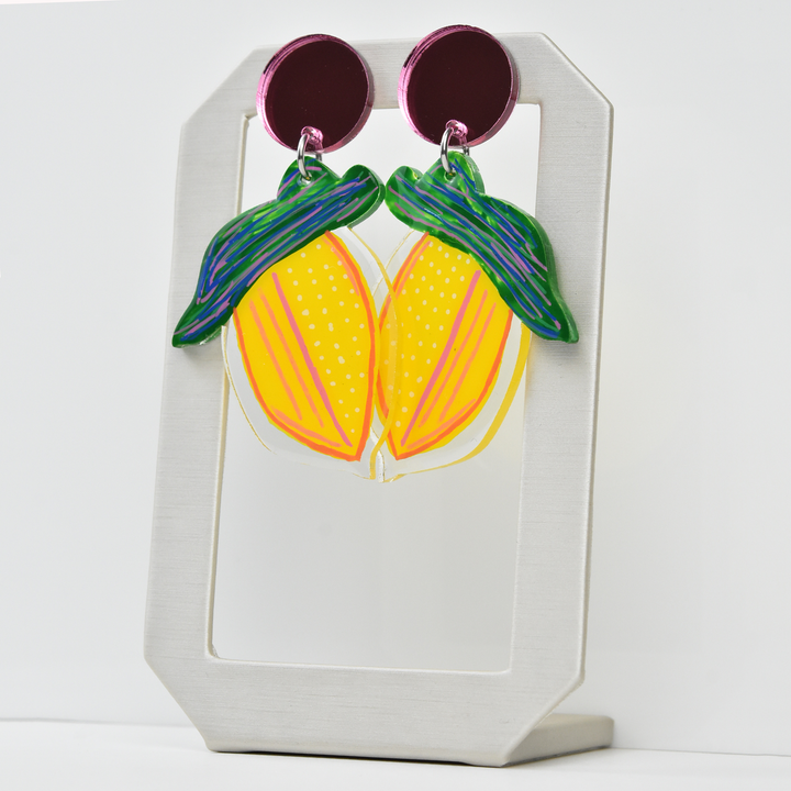 Hand Painted Lemon Fruit Earrings - Goldmakers Fine Jewelry