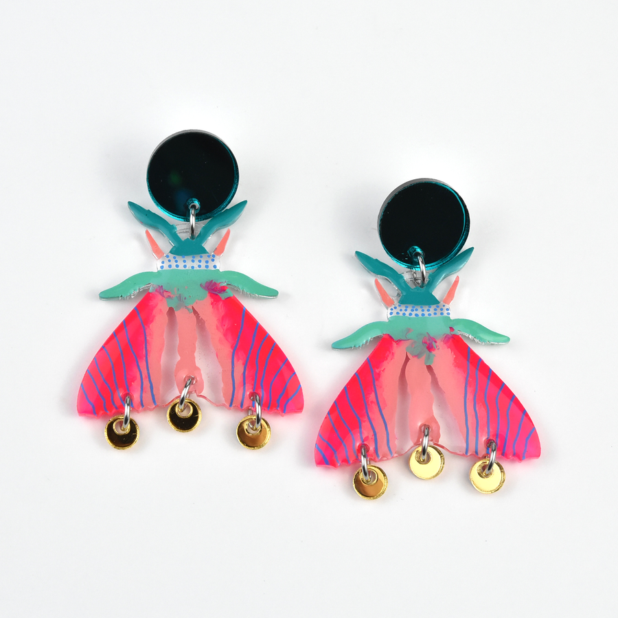 Neon Pink Geometric Moth Earrings - Goldmakers Fine Jewelry