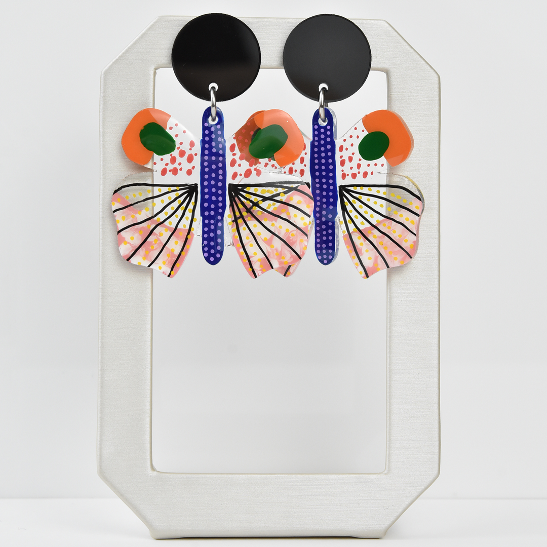 Orange and Black Geometric Moth Earrings - Goldmakers Fine Jewelry