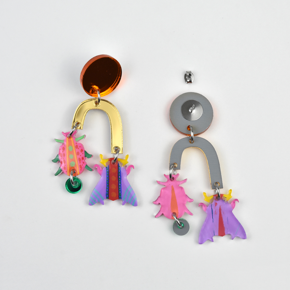 Orange Geometric Colorful Arch Insect Earrings - Goldmakers Fine Jewelry