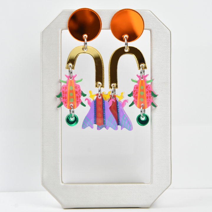 Orange Geometric Colorful Arch Insect Earrings - Goldmakers Fine Jewelry