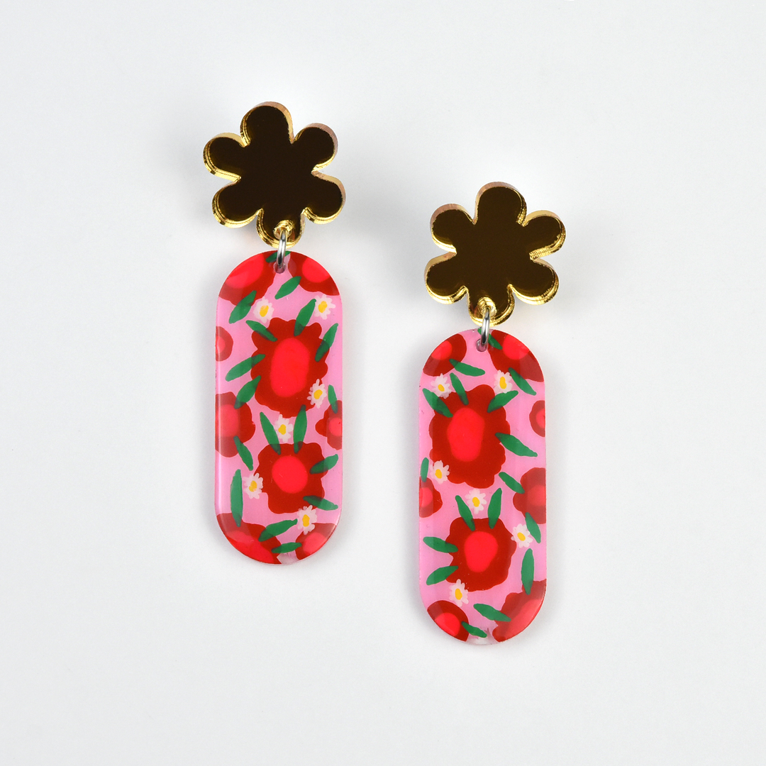 Pink and Red Flower Resin Earrings - Goldmakers Fine Jewelry