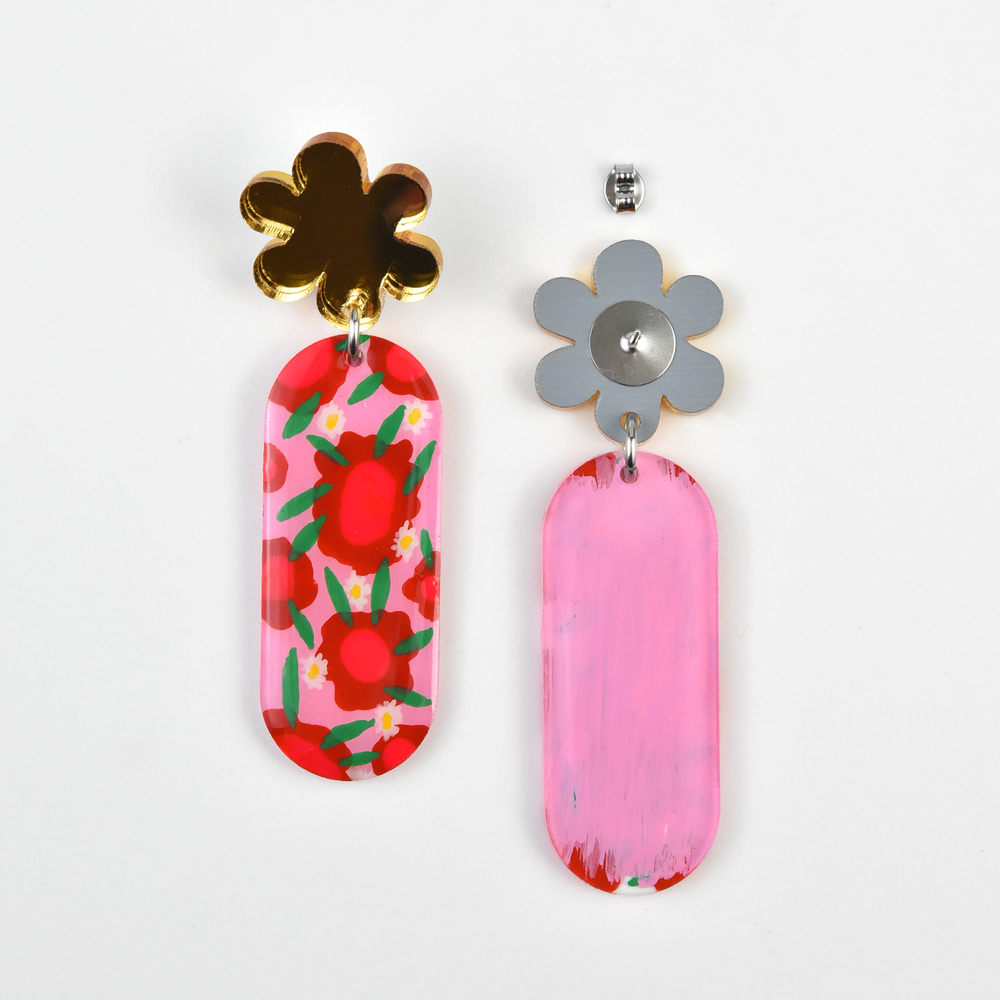 Pink and Red Flower Resin Earrings - Goldmakers Fine Jewelry