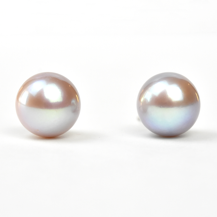 Silver Violet Button Pearl Studs in White Gold - Goldmakers Fine Jewelry