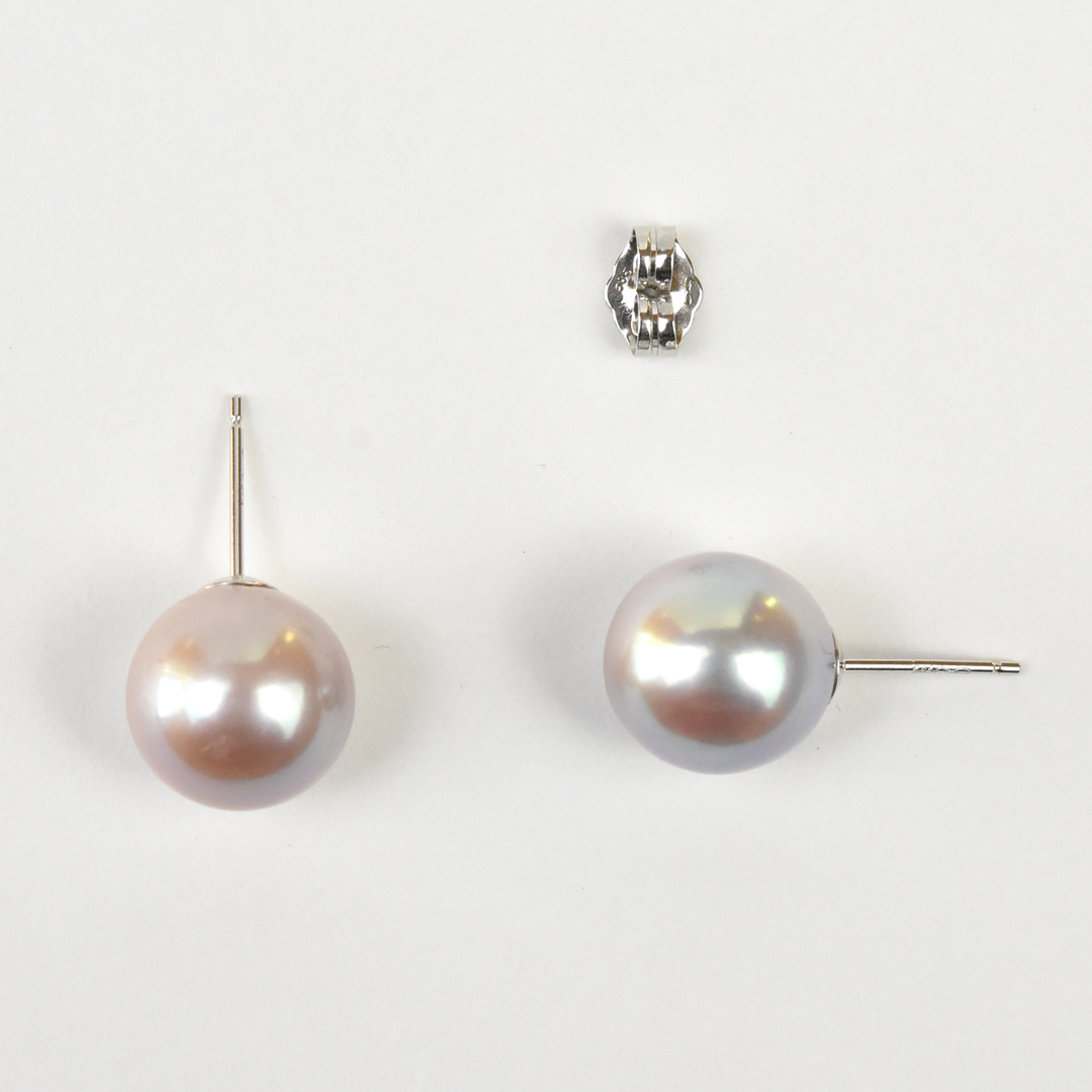 Silver Violet Button Pearl Studs in White Gold - Goldmakers Fine Jewelry
