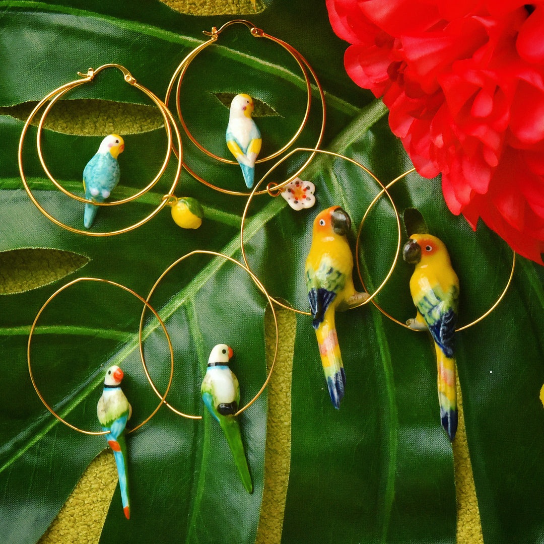 Blue and Green Parrot Hoop Earrings - Goldmakers Fine Jewelry