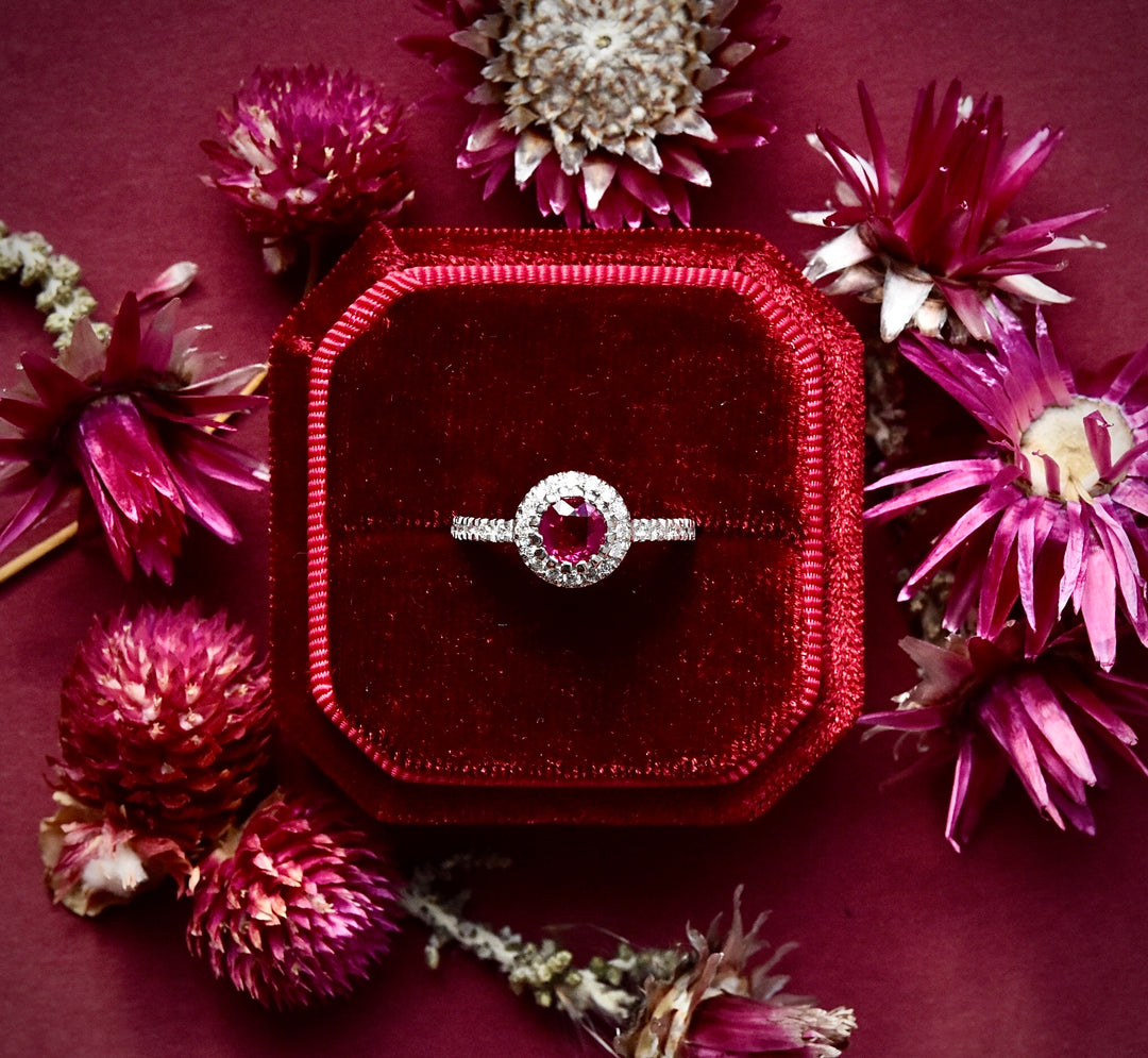 Ruby Halo Engagement Ring - Goldmakers Fine Jewelry