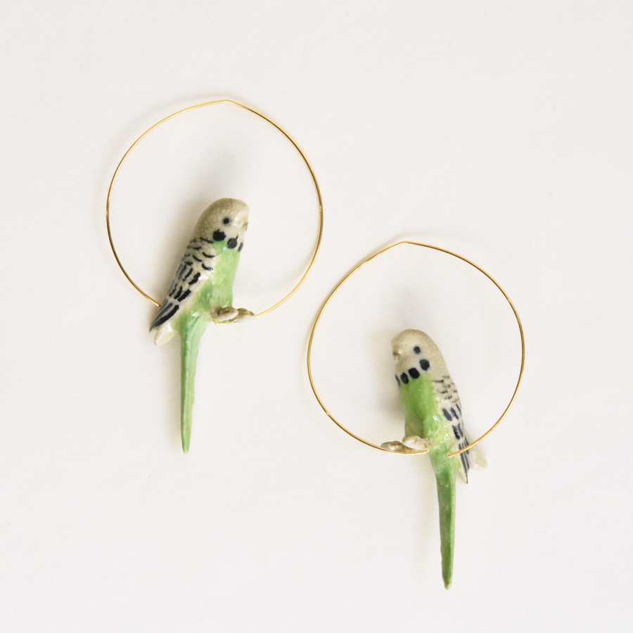 Green Budgie Hoop Earrings - Goldmakers Fine Jewelry